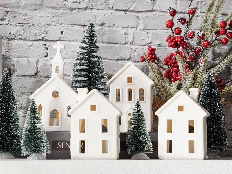 BUTITNOW 9 Pcs Christmas Village Figurines Sets - 4 Lighted Ceramic Houses with Remote Control & 5 Trees - Christmas Decorations Indoor - White Xmas Holiday Farmhouse Rustic Decor for Home Table Room - Image 2